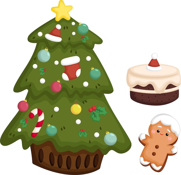 un vector de un árbol de Navidad con un pastel de chocolate y un hombre de pan de jengibre
