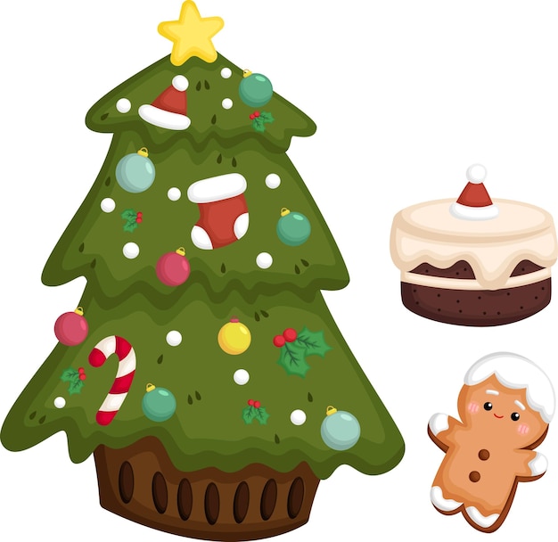 Un vector de un árbol de navidad con un pastel de chocolate y un hombre de pan de jengibre