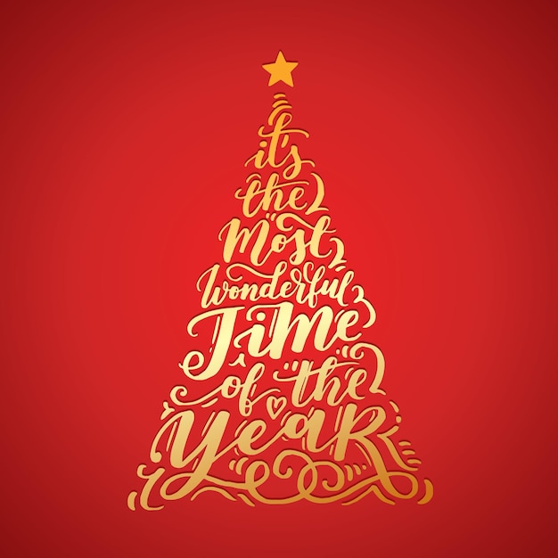 Vector árbol de Navidad vintage de vacaciones letras brillantes sobre fondo rojo Texto de feliz Navidad para invitaciones y tarjetas de felicitación impresiones y carteles Diseño caligráfico de vacaciones