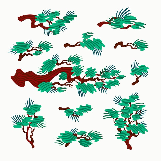 Vector vector de árbol de pino japonés ramas de pino y pino de montaña en estilo oriental