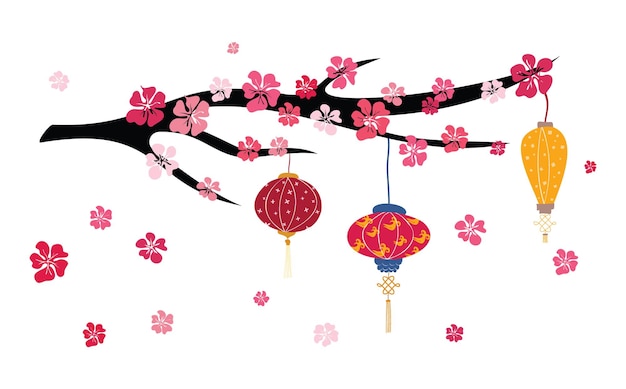Vector del árbol de Sakura - linternas chinas y año nuevo chino