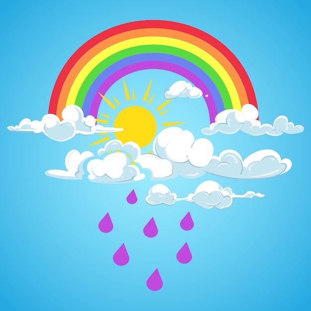 Vector el arco iris y las nubes con la lluvia que cae el cielo azul