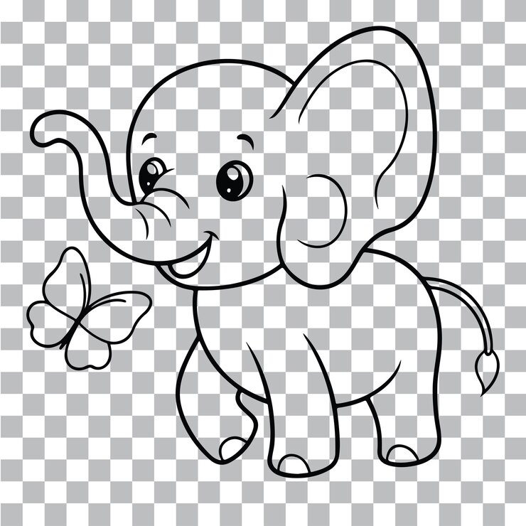 Vector de arte de línea de un elefante lindo jugando en un fondo transparente