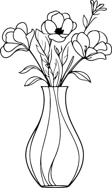 Vector de arte de línea de jarrón de flores fondo blanco sólido