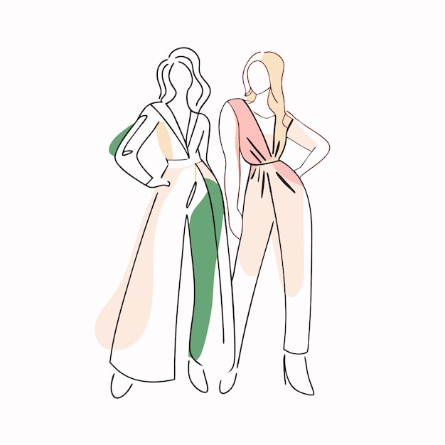 Vector de arte de línea de mujeres de moda en fondo blanco