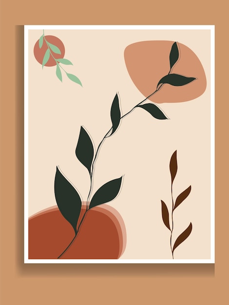 Vector de arte de pared abstracto botánico. Dibujo de arte de línea de follaje boho de tono tierra con forma abstracta.