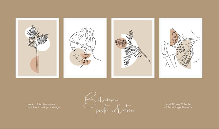 Vector vector de arte de pared botánico conjunto dibujo de arte de línea bohemia con forma abstracta