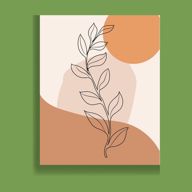 Vector de arte de pared botánico, dibujo de arte de línea de follaje boho de tono tierra con forma abstracta.