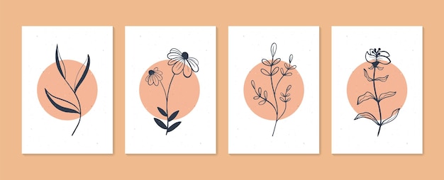 Vector de arte de pared botánico set boho follaje dibujo de arte de línea con forma abstracta