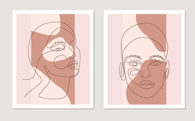 Vector de arte de pared de línea abstracta con caras de mujeres. Dibujo continuo de una línea con forma abstracta. Arte de pared minimalista con diferentes formas de colores terracota para decoración de paredes. Ilustración vectorial