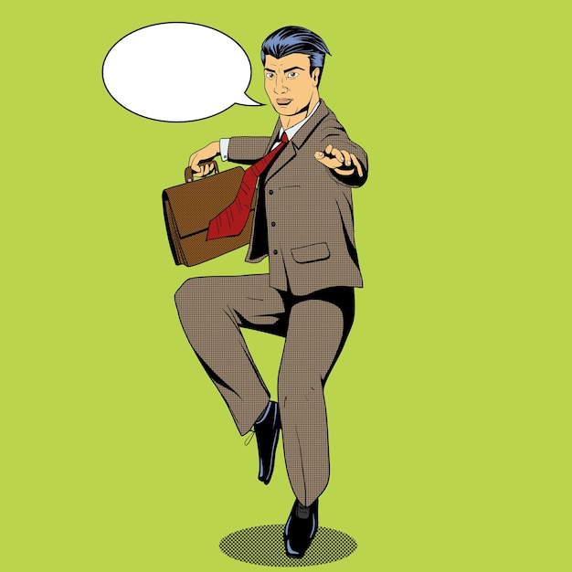 Vector de arte pop al estilo de una película de un hombre de negocios volando