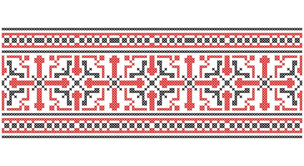 Vector de arte popular ucraniano de patrones sin fisuras retro monocromo largo adorno de punto de cruz inspirado en el arte popular Vyshyvanka Eslavo tradicional ornamento blanco y negro de Europa del Este