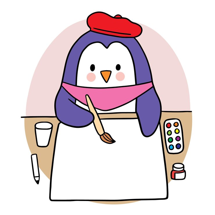 Vector vector de artista de papel de pintura de pingüino lindo de dibujos animados