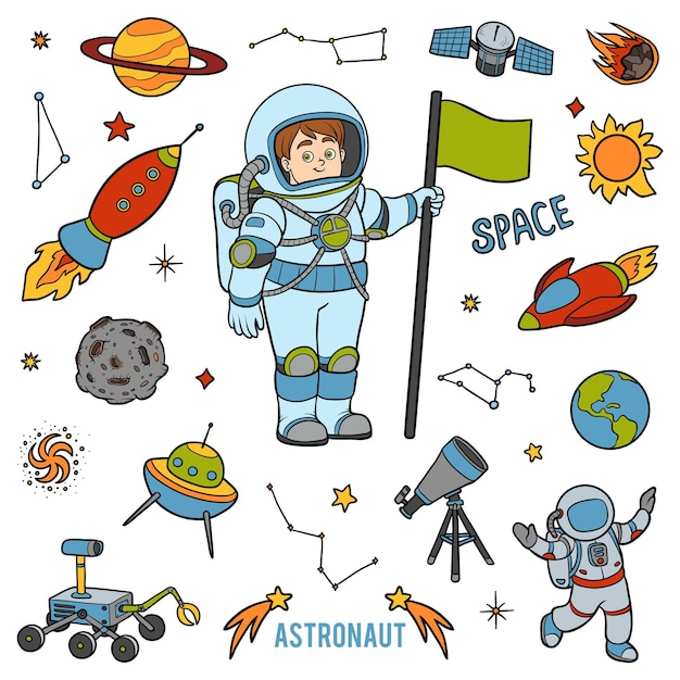 Vector con astronauta y objetos espaciales. artículos coloridos de dibujos animados