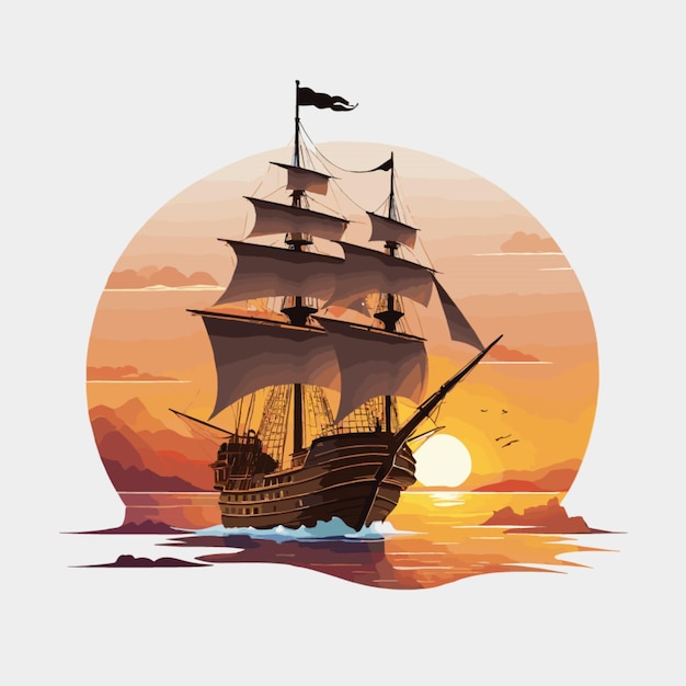 Vector vector del atardecer del barco pirata