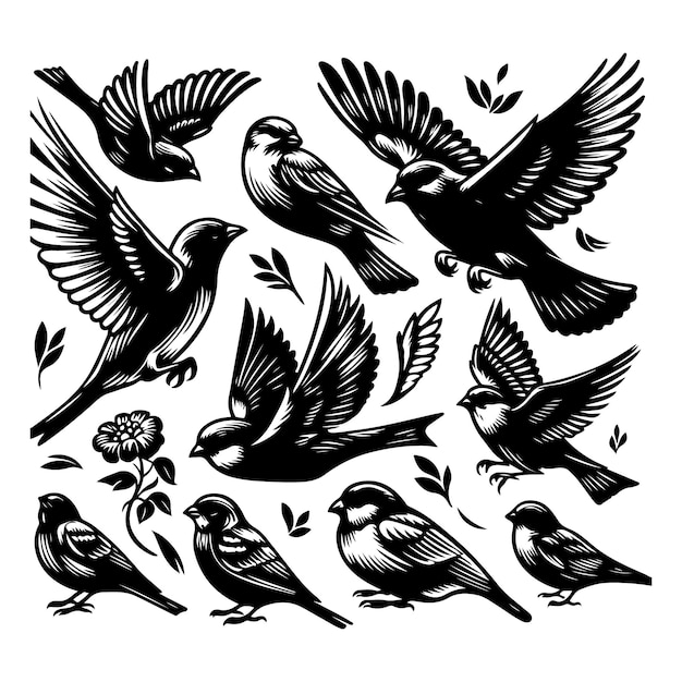 Vector de aves en blanco y negro sobre un fondo aislado blanco