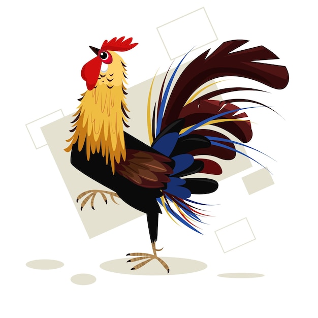 Vector de aves de gallo con fondo blanco un dibujo de un gallo con una melena roja y una cola negra