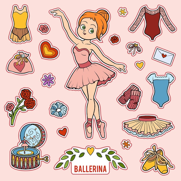 Vector con bailarina y objetos de baile. Artículos coloridos de dibujos animados