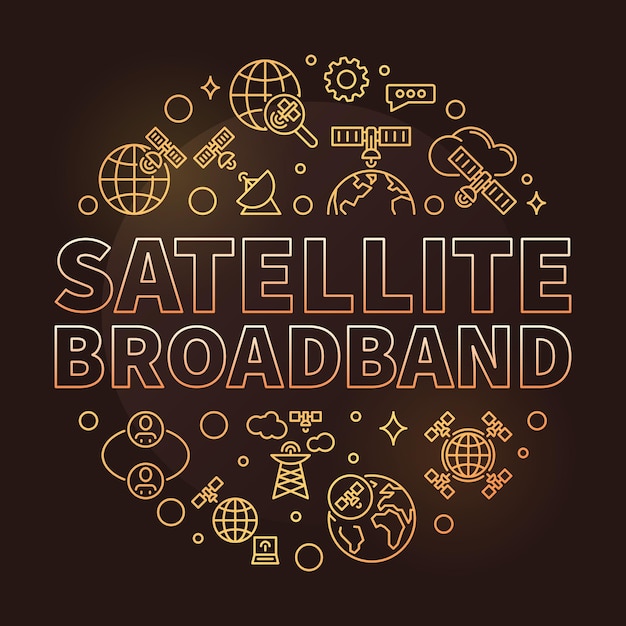 Vector de banda ancha por satélite contorno redondo bandera dorada. Línea de concepto de tecnología de Internet ilustración redonda con fondo oscuro