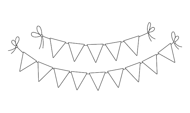 Vector banderas de cumpleaños de triángulo blanco y negro para la decoración de vacaciones. Bonita y divertida ilustración de banderines de carnaval colgantes para el diseño de tarjetas o invitaciones. Icono de línea de guirnalda de vacaciones, festivales o ferias
