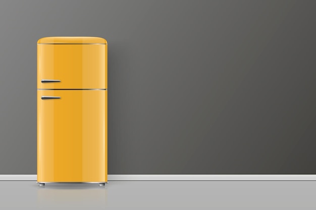 Vector vector banner con 3d realista brillante amarillo retro vintage refrigerador aislado vertical simple refrigerador cerrado frigorífico plantilla de diseño maqueta de frigorífico vista frontal