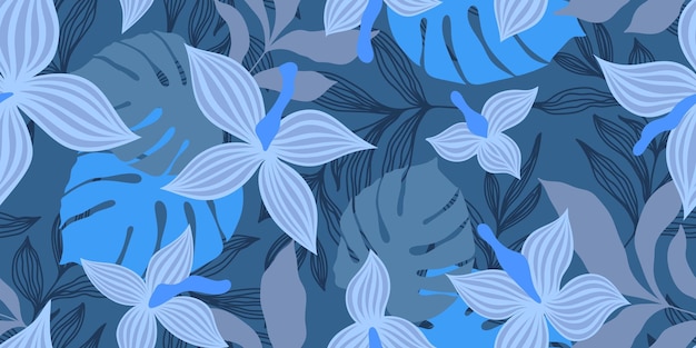 VECTOR BANNER AZUL INCONSÚTIL CON FLORES GRISES Y HOJAS TROPICALES COLORIDAS