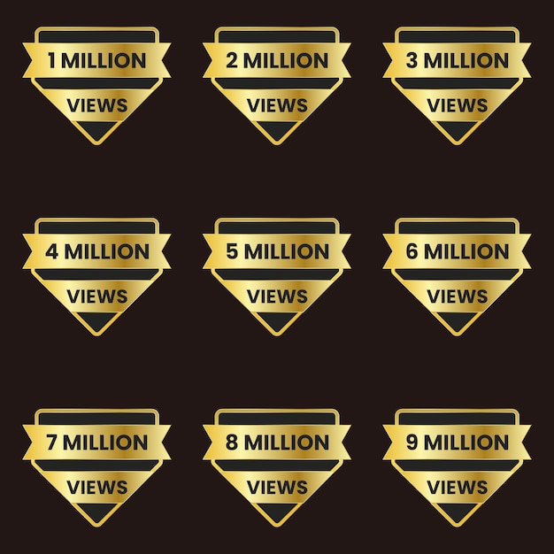 vector de banner de celebración de millones de vistas de youtube, conjunto de insignias de 1 millón a 9 millones de vistas