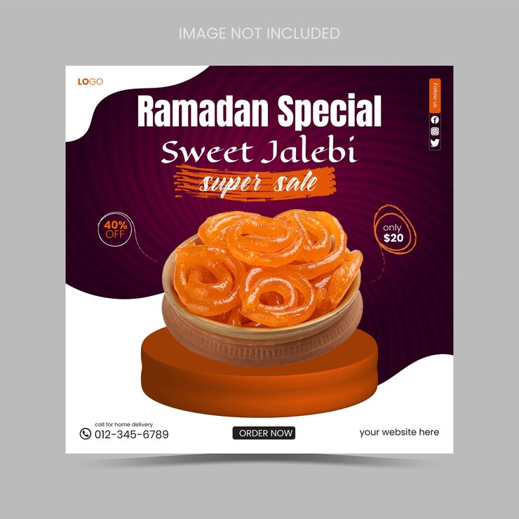 Vector el banner de comida especial Ramadán jalebi de hoy y el diseño de plantilla de publicación en redes sociales o cuadrado