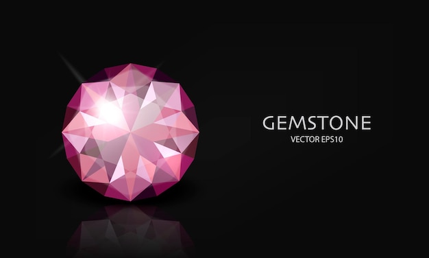 Vector banner horizontal con 3d realista rosa transparente piedra preciosa diamante cristal pedrería closeup en negro jewerly concepto diseño plantilla clipart