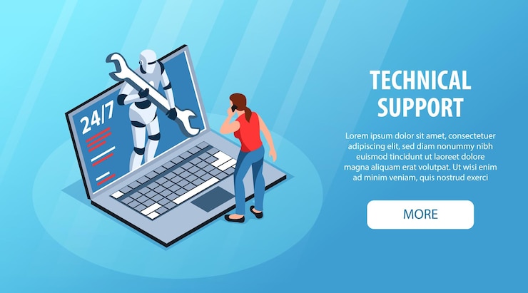 Vector vector de banner horizontal de soporte técnico ilustrado con una computadora portátil que necesita diagnóstico o reparación de ilustraciones de vectores isométricos