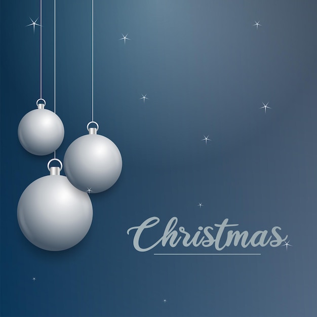 Vector banner de Navidad con decoraciones Feliz Navidad texto adornos de plata sobre fondo azul Ilustración vectorial
