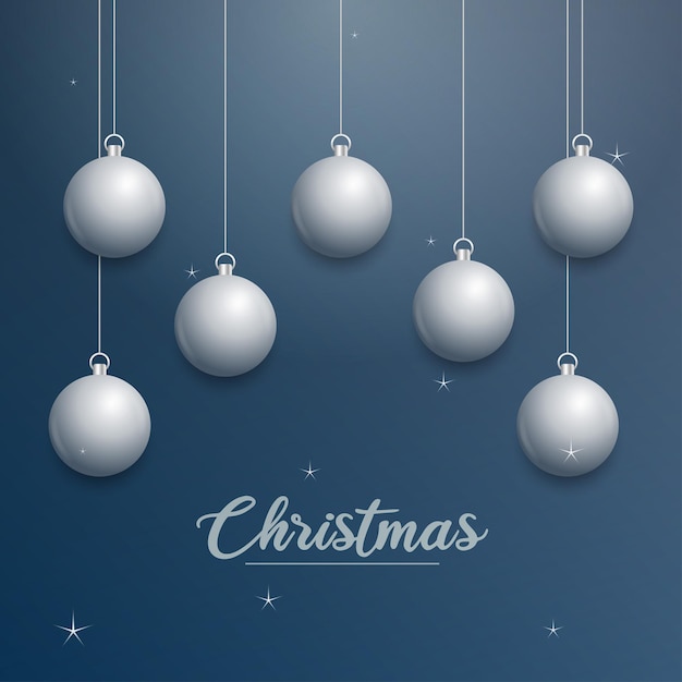 Vector banner de Navidad con decoraciones Feliz Navidad texto adornos de plata sobre fondo azul Ilustración vectorial