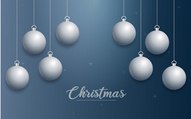 Vector banner de Navidad con decoraciones Feliz Navidad texto adornos de plata sobre fondo azul Ilustración vectorial