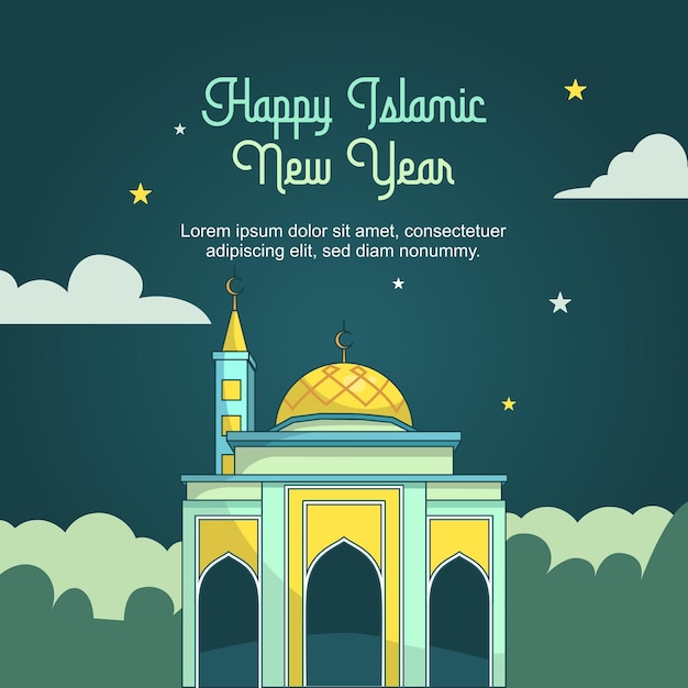 Vector banner redes sociales feliz año nuevo islámico ilustración de mezquita para año nuevo islámico