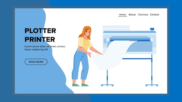 Vector vector de banner de trabajador de niña de impresión de impresora de trazador. mujer joven con impresora plotter para imprimir carteles o publicar periódicos. personaje publicar procesamiento web ilustración de dibujos animados plana