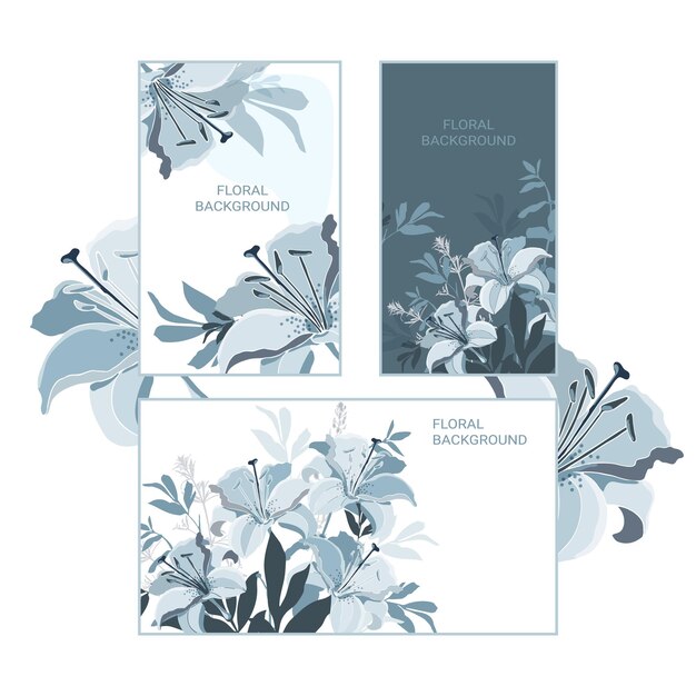 Vector banners florales horizontales y verticales con lirios azules sobre fondos blancos y oscuros