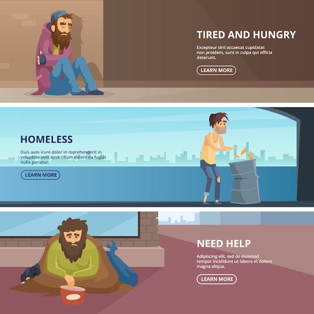 Vector banners horizontales con ilustraciones de personas pobres y sin hogar.