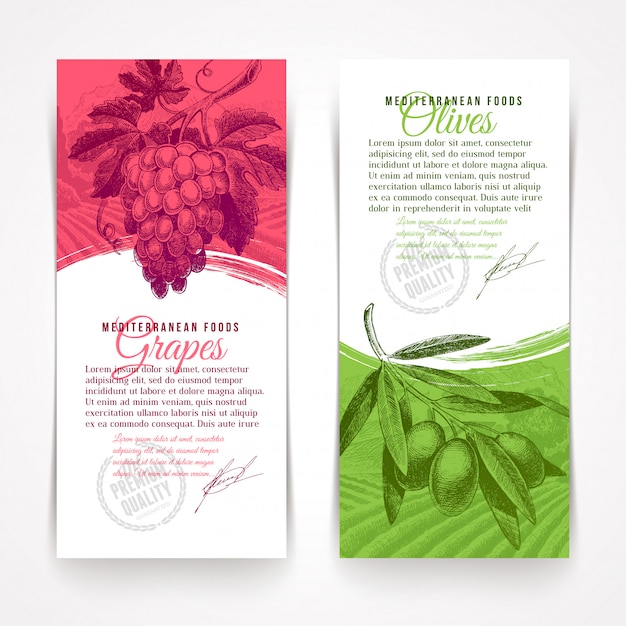 Vector banners verticales con alimentos dibujados a mano