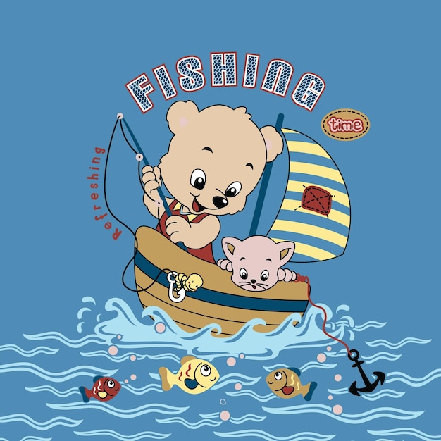 vector de barco de pesca de oso de dibujos animados