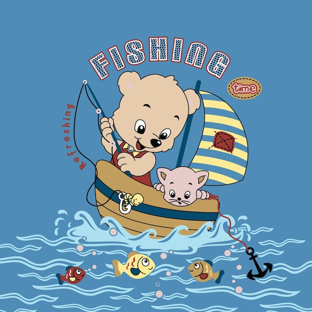 Vector de barco de pesca de oso de dibujos animados