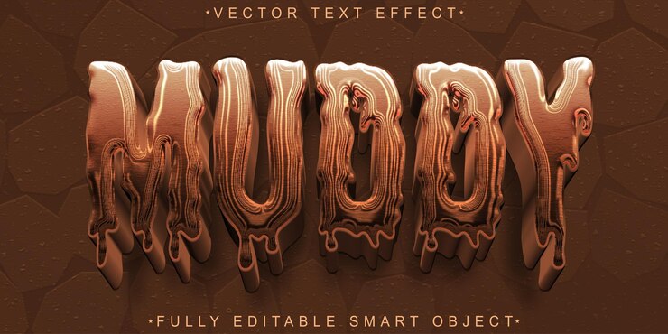 Vector vector de barro marrón brillante con goteo de dibujos animados totalmente editable efecto de texto de objeto inteligente