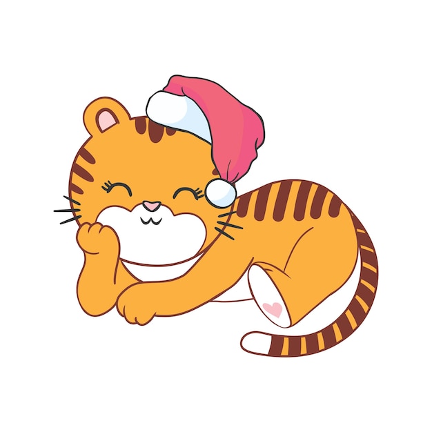 Vector bastante tigre - santa claus con un sombrero rojo. Feliz Año Nuevo.