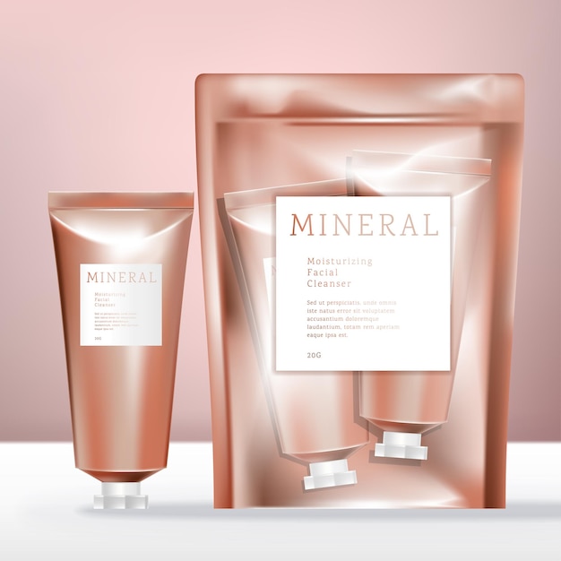 Vector Beauty Travel Kit Set Tubos de belleza de oro rosa metálico en paquete frontal transparente y parte posterior de aluminio