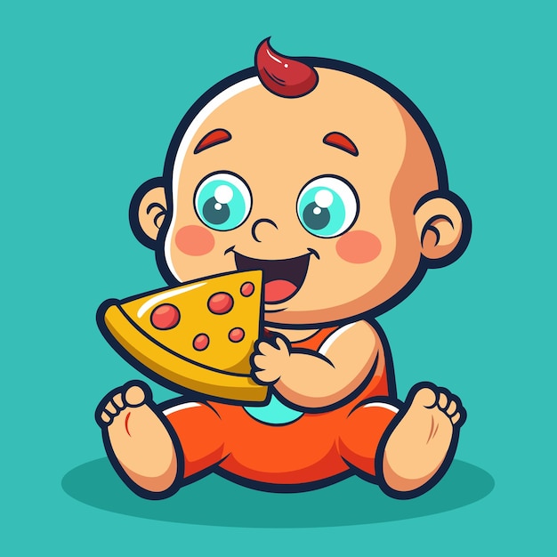 Vector, el bebé está comiendo pizza aislado.