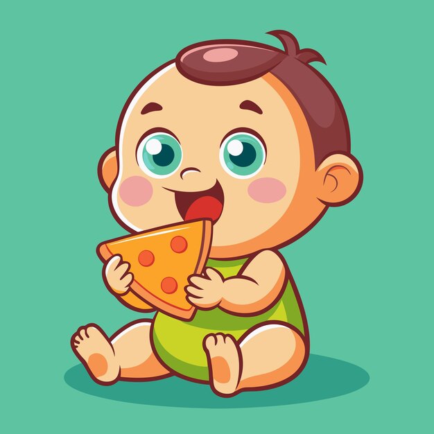 Vector, el bebé está comiendo pizza aislado.