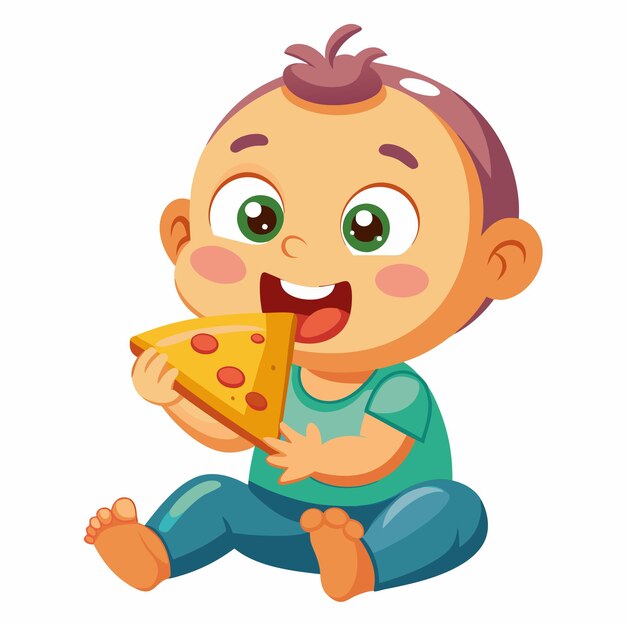 Vector, el bebé está comiendo pizza aislado.