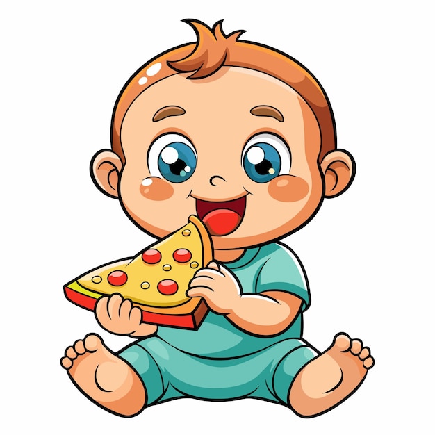 Vector, el bebé está comiendo pizza aislado.