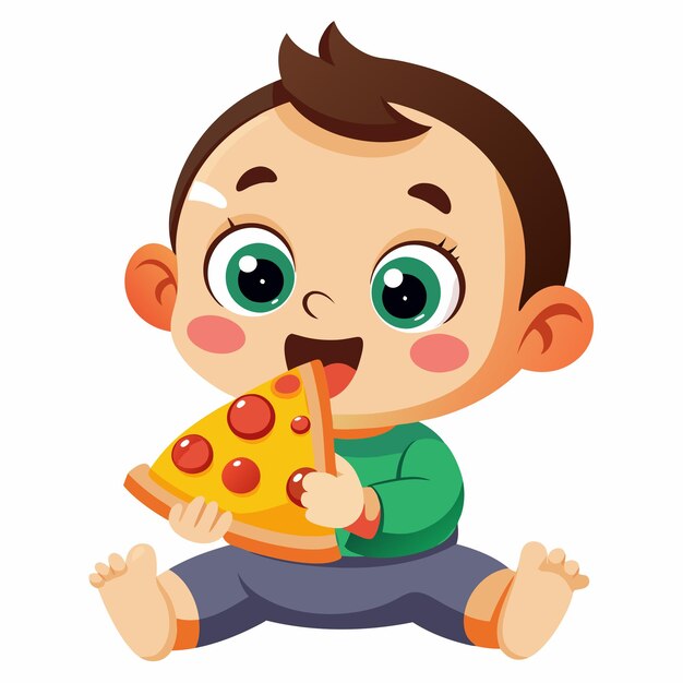 Vector, el bebé está comiendo pizza aislado.