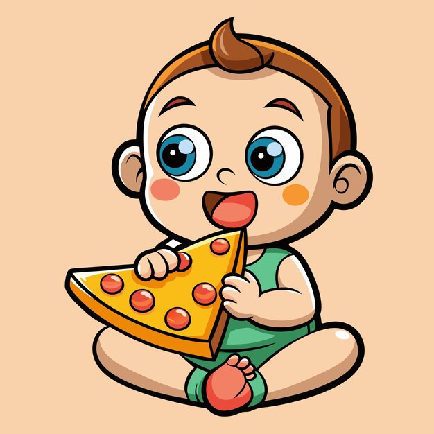 Vector, el bebé está comiendo pizza aislado.