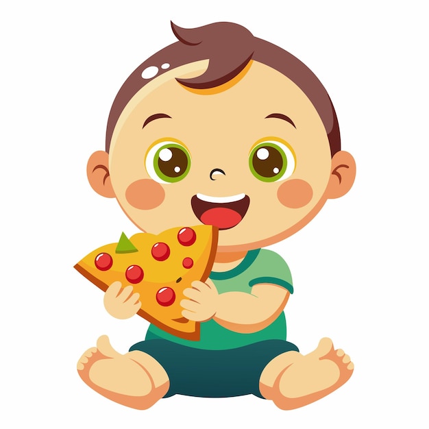 Vector, el bebé está comiendo pizza aislado.